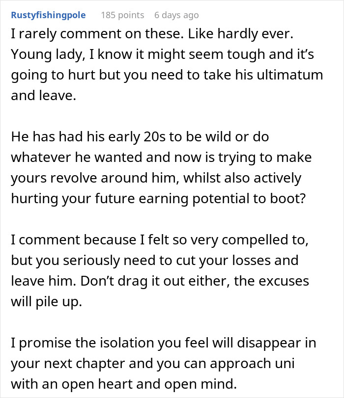 Comment advising a young woman to leave her boyfriend who fears she might cheat if she goes to university. Comment advising a young woman to leave her boyfriend who fears she might cheat if she goes to university.