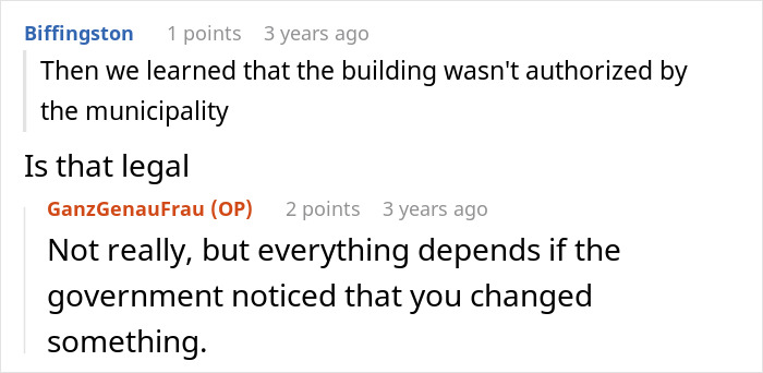 Screenshot of a conversation discussing legality about unauthorized building and government noticing changes. Screenshot of a conversation discussing legality about unauthorized building and government noticing changes.
