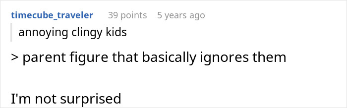 Screenshot of an online comment about annoying clingy kids and a parent figure ignoring them, discussing clingy children on vacation.