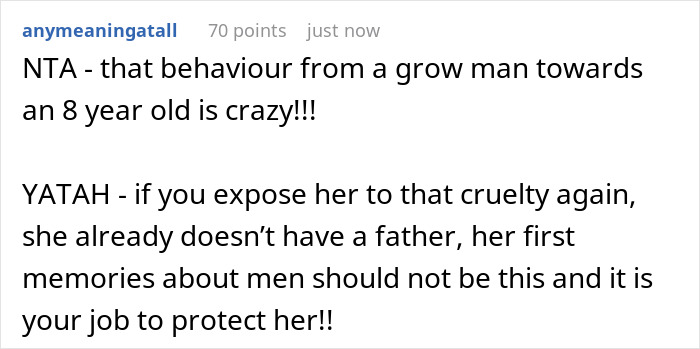 Comment discussing boyfriend-daughter snitch drama, criticizing behavior towards an 8-year-old and emphasizing protection. Comment discussing boyfriend-daughter snitch drama, criticizing behavior towards an 8-year-old and emphasizing protection.