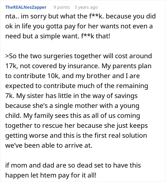 Text conversation discussing fairness of $4k plastic surgery request amid body dysmorphia concerns.