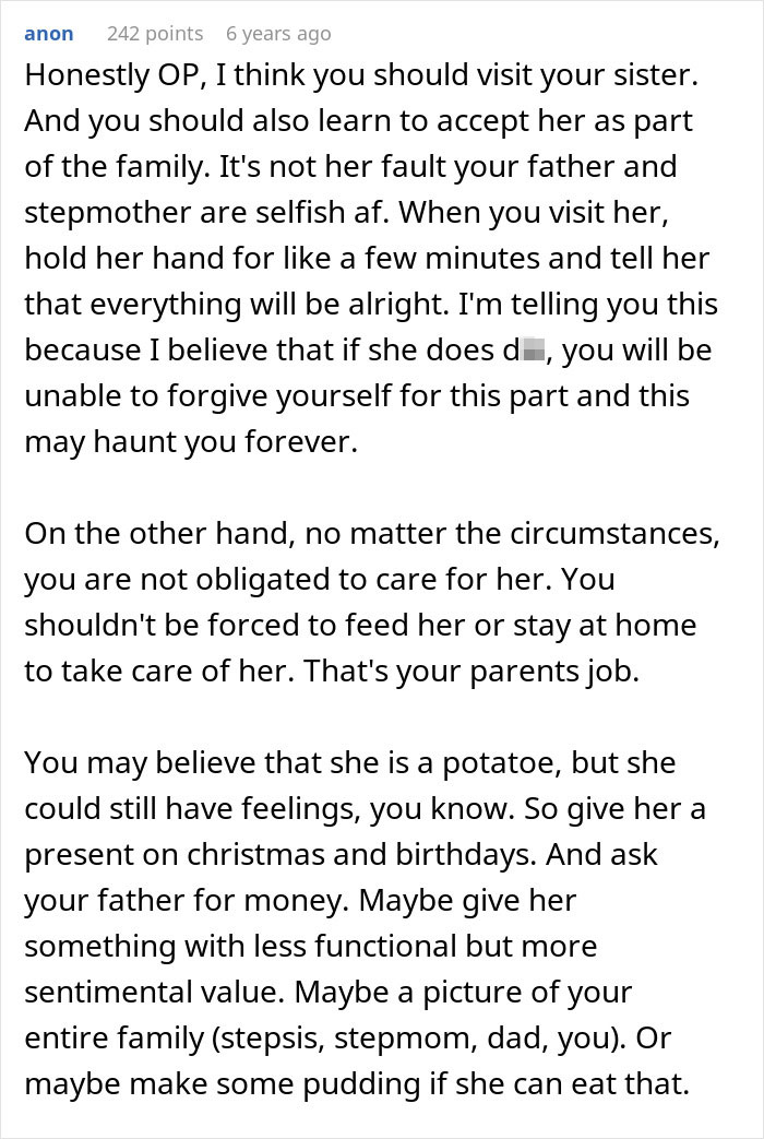 Text post discussing a sad teen who refuses hospital visit to their special needs stepsister, with advice on family care.