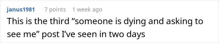 Screenshot of a Reddit comment discussing posts about someone dying and asking to be visited, reflecting on the man's refusal to visit terminally ill ex-GF.