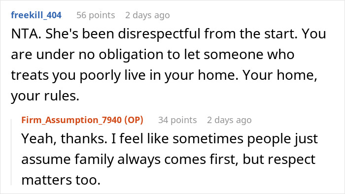 Screenshot of online comments discussing a woman refusing to let her homeless sister-in-law move in due to disrespect.