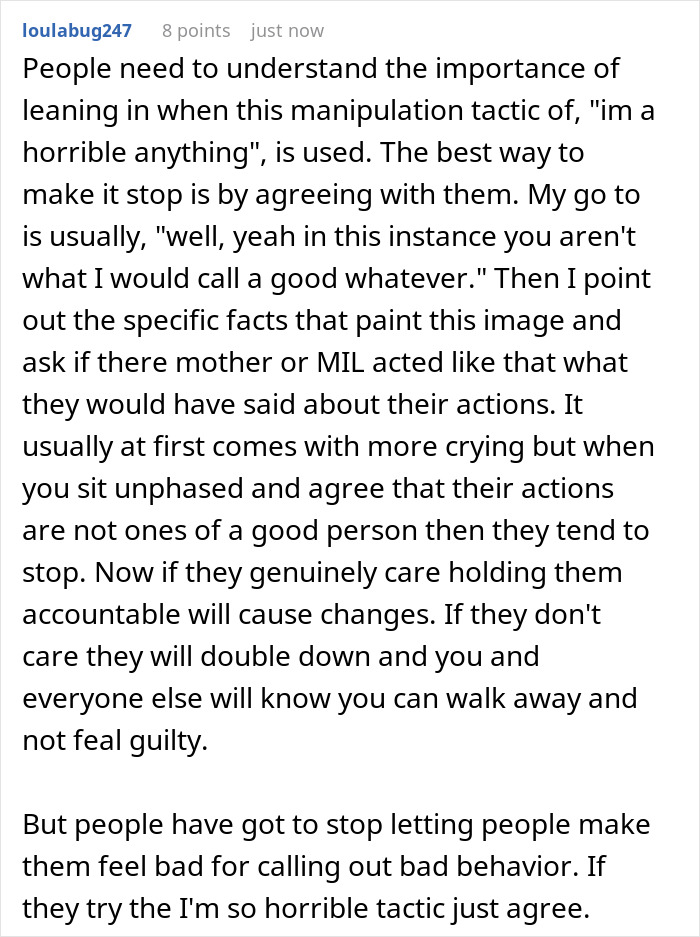 Comment discussing manipulation tactics and behavior accountability related to MIL favoritism and snubs toward grandchildren.