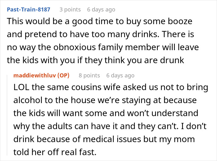 Family tries to dump kids on childfree cousin during vacation who threatens to call the cops in response