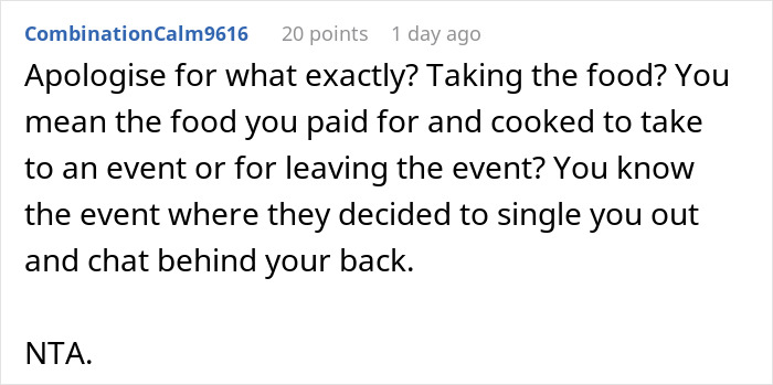 Comment on Reddit post discussing a woman storming out of Friendsgiving with the food over a dress-code betrayal. Comment on Reddit post discussing a woman storming out of Friendsgiving with the food over a dress-code betrayal.