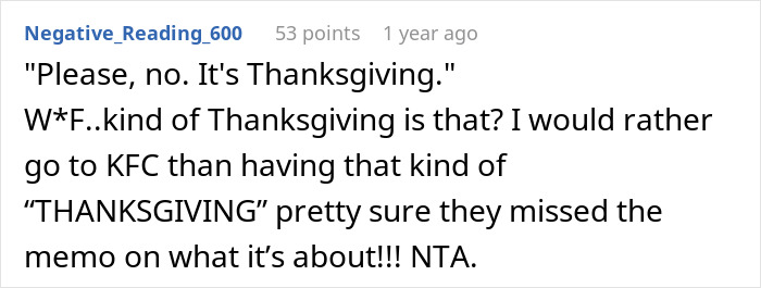 Comment excerpt about a husband dragging wife and kids from Thanksgiving after sister&rsquo;s tantrum, expressing frustration.