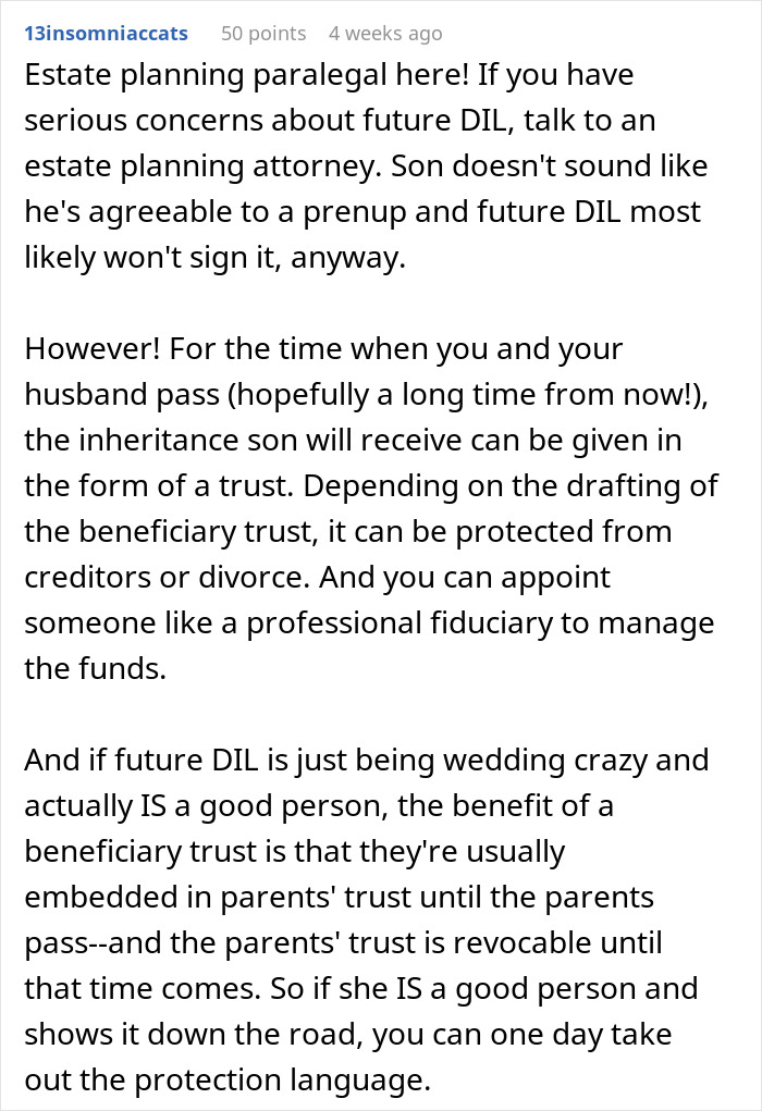 Text post discussing concerns about a future daughter-in-law demanding an expensive wedding and the wealthy in-laws requesting a prenup.
