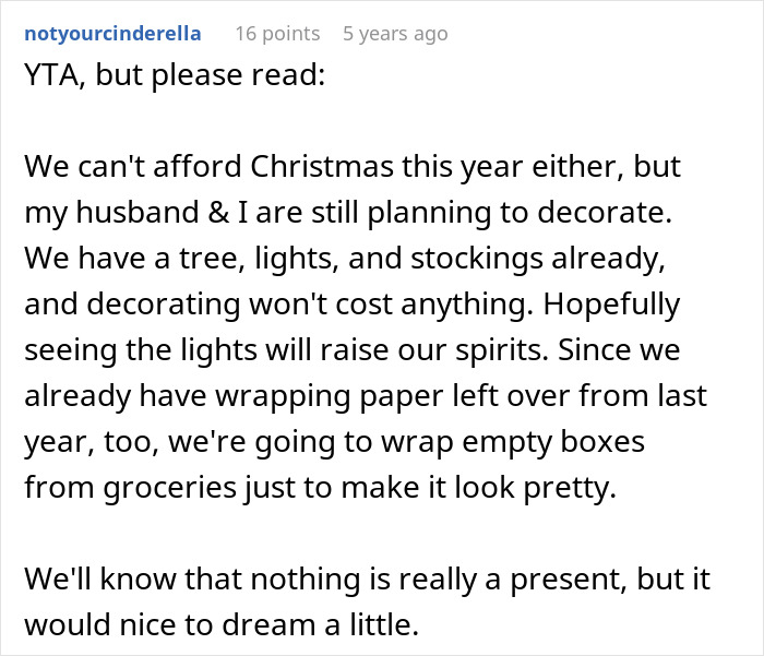 Comment from notyourcinderella discussing inability to afford Christmas but still planning to decorate with lights and stockings.