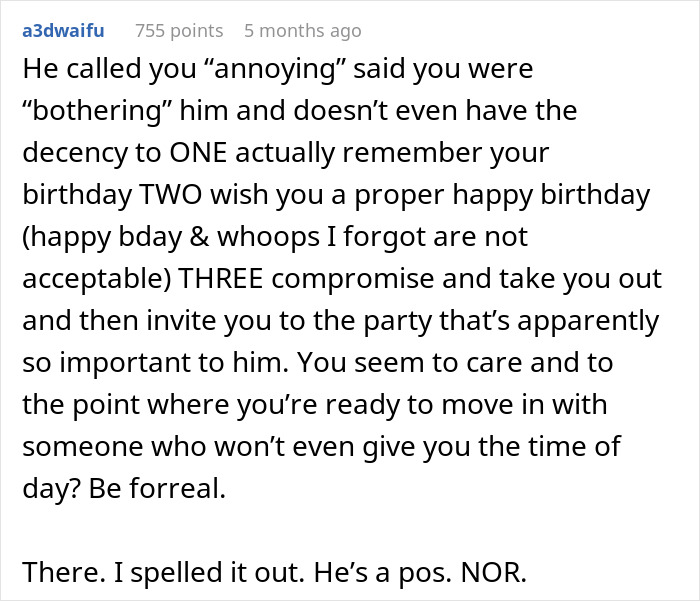 Screenshot of online comment criticizing a guy for forgetting his girlfriend's birthday and demanding apologies for bothering him.
