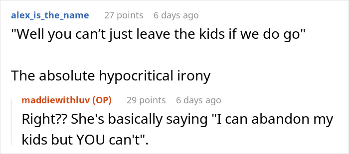 Screenshot of a social media conversation about a family trying to dump kids on a childfree cousin during vacation.