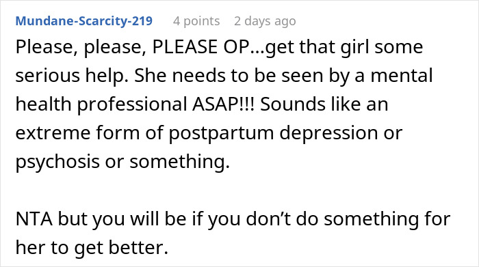 Comment urging urgent mental health help for a sibling refusing newborn nephew care, mentioning postpartum depression signs.