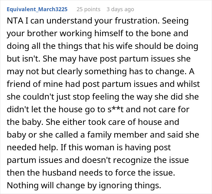 Comment explaining frustration about stay-at-home mom duties and the reality of post-partum challenges affecting family dynamics.