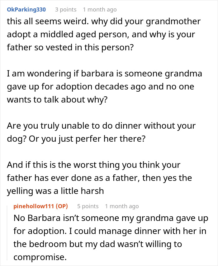 Screenshot of a conversation discussing family drama involving a woman and her service dog during Thanksgiving.