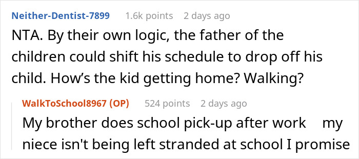 Screenshot of an online discussion where a woman refuses to take niece to school, causing family-wide meltdown debate.
