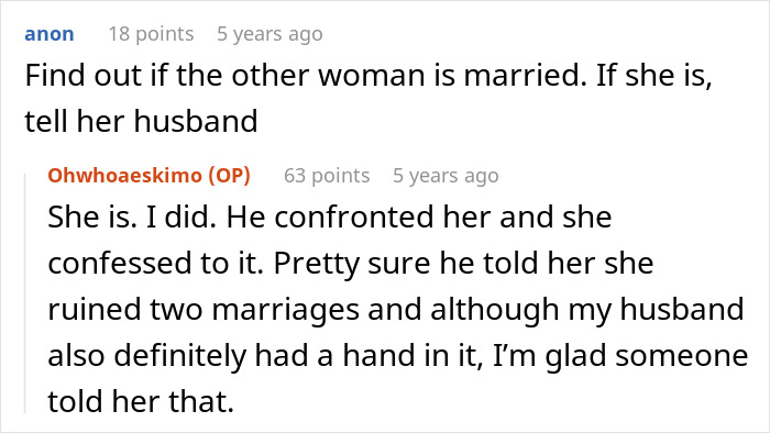Screenshot of a conversation where a woman shares a 5 year update after leaving her cheating husband. Screenshot of a conversation where a woman shares a 5 year update after leaving her cheating husband.