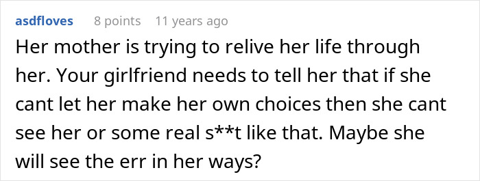 Comment discussing how a mom destroys her daughter&rsquo;s happy relationship by interfering with her dating choices.