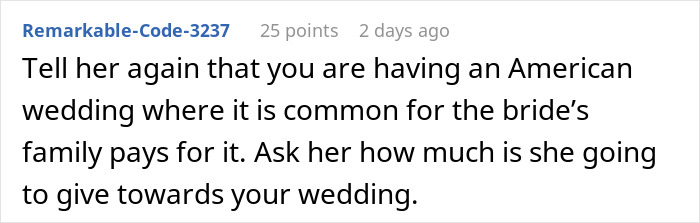 Comment discussing American wedding culture where the bride&rsquo;s family typically pays, asking about sister wedding money culture.