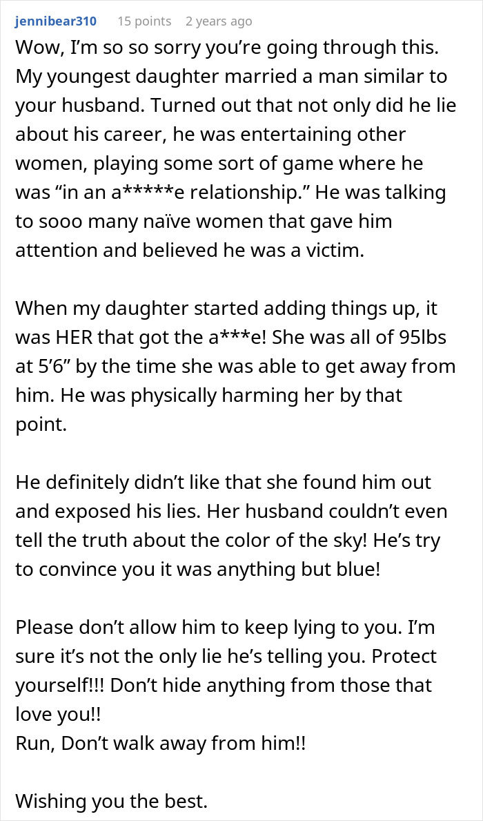 Comment expressing sympathy about a man lying about his master's degree and being exposed by his wife.