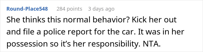 Comment warning about kicking out girlfriend and filing a police report after she secretly went clubbing and lost the car.