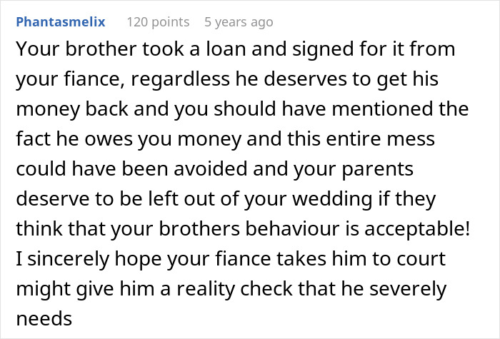 Comment discussing fianc&eacute; threatening to take bride&rsquo;s brother to court causing wedding tensions with bride&rsquo;s family