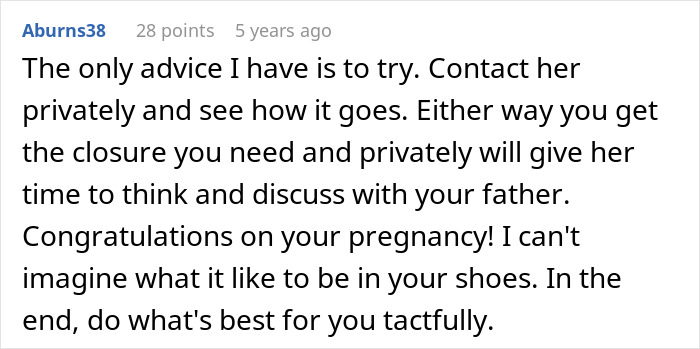 Comment discussing a woman wanting to reunite with her biological family despite threats from adoptive parents.