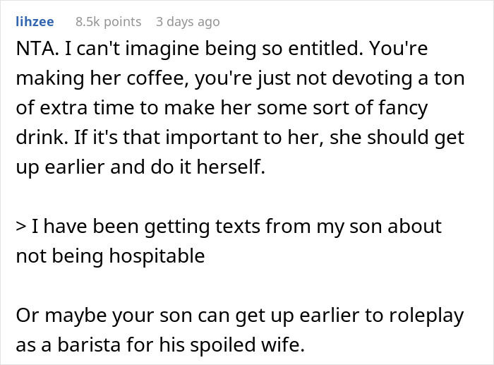 Screenshot of a Reddit comment discussing MIL offering to make morning coffee for DIL but ignoring fancy recipe requests.