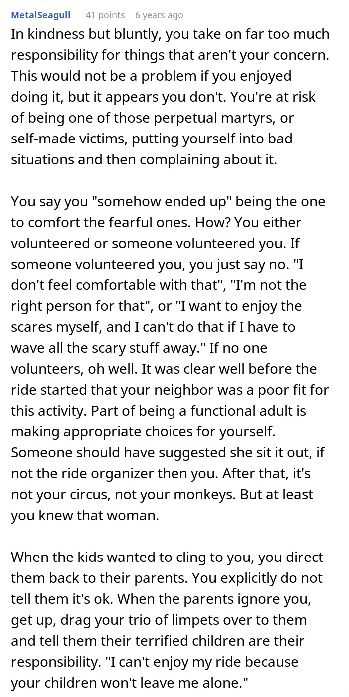 Comment on entitled parents ignoring scared kids during a haunted hayride, making strangers handle the children's fears.