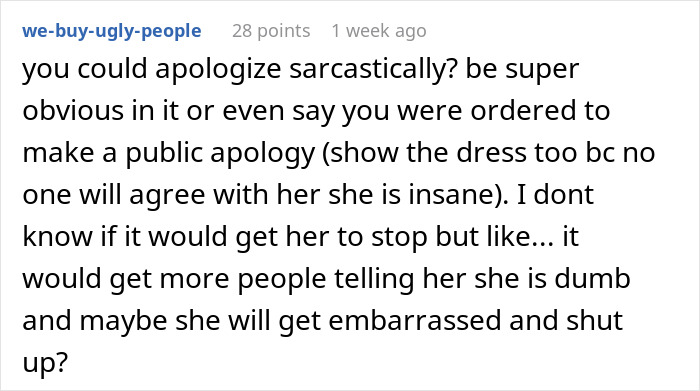 Screenshot of a forum comment discussing a bride mad at her cousin&rsquo;s dress at a wedding and suggesting a sarcastic apology.