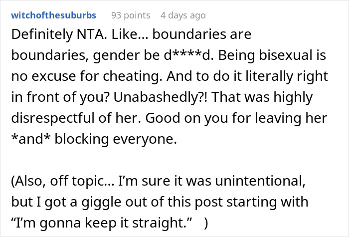 Text from an online discussion about boundaries and bisexuality after a girlfriend kisses another woman in front of friends.