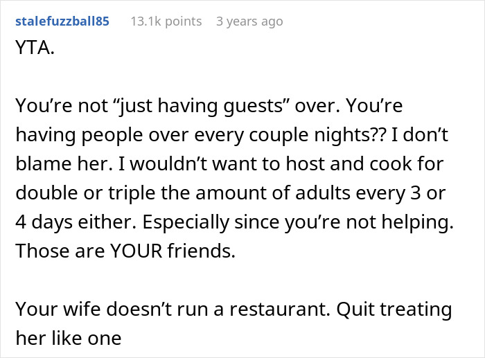 Screenshot of an online comment criticizing a man for expecting his wife to cook when inviting guests frequently.