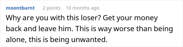 Screenshot of a comment warning a woman about her relationship after buying expensive gifts for boyfriend&rsquo;s kids.