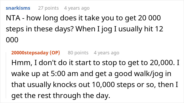 Screenshot of an online discussion about an avid walker maintaining 20,000 steps per day and sharing walking routines.