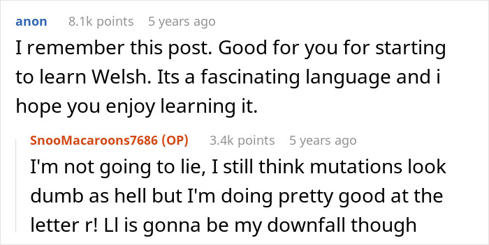 Screenshot of a Reddit conversation discussing learning Welsh, a native language, and its unique language features.