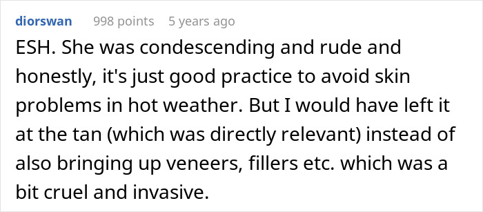 Comment discussing condescending attitude about skin acceptance and criticism of cosmetic surgery in a heated debate.