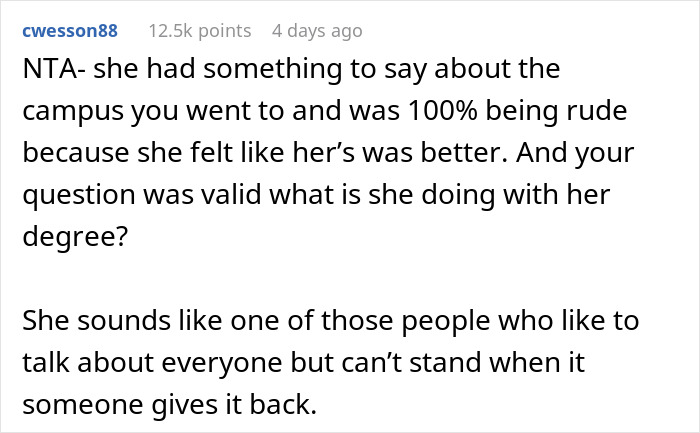 Reddit comment discussing stay-at-home mom mocking sister-in-law's college and questioning use of a better degree.
