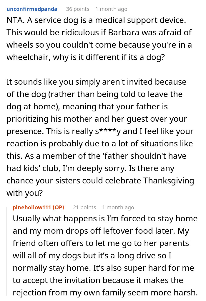 User comments discussing a woman&rsquo;s service dog causing Thanksgiving family drama and exclusion from the celebration.