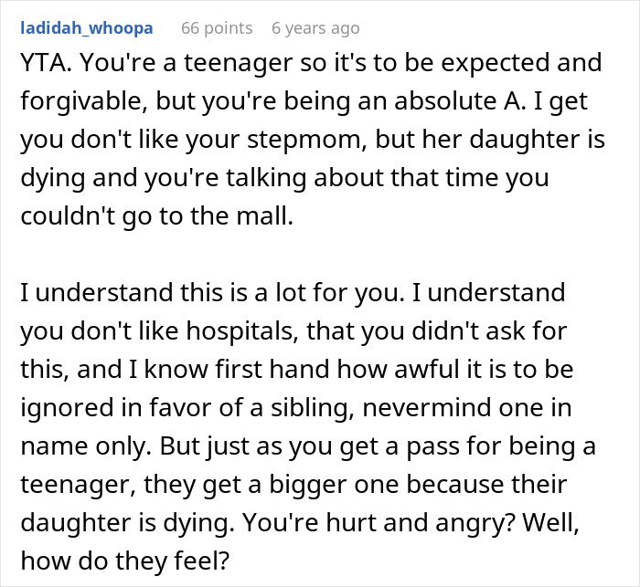 Comment discussing a sad teen refusing to visit special needs stepsister in the hospital, expressing empathy and conflict.
