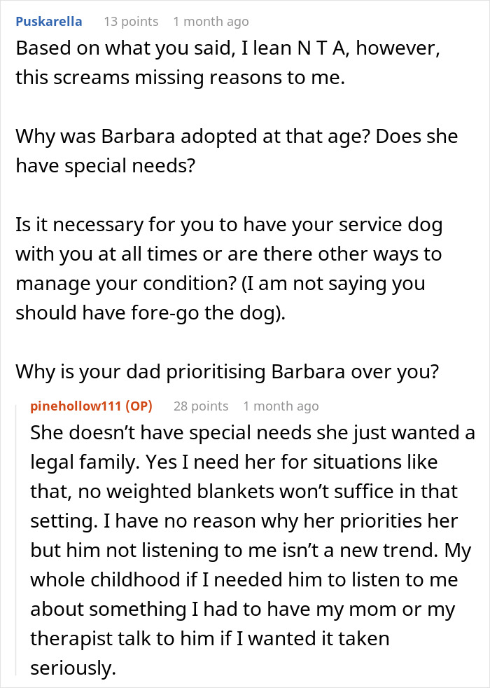 Commenters discussing a woman&rsquo;s need for her service dog during Thanksgiving family drama and prioritization issues.
