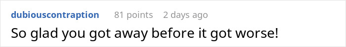 Screenshot of an online comment expressing relief about someone escaping a negative relationship treating wife like servant.