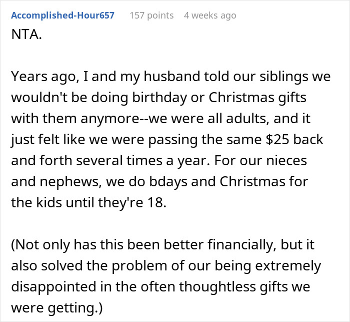 Comment explaining a family chat about birthday money and stopping gift exchanges between adult siblings.