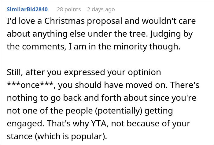 User comment discussing opinions on Christmas proposals and reactions to engagement debates on social media.