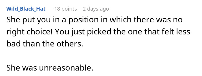 Screenshot of a Reddit comment discussing a difficult choice, related to friend agrees to babysit overnight concerns.