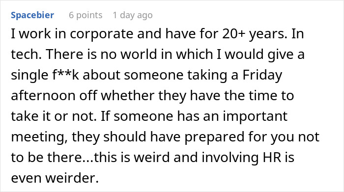 Screenshot of a Reddit comment discussing a manager who freaks out when an employee takes time off as allowed.
