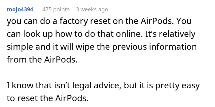 Comment about factory reset on AirPods explaining how to wipe traceable information easily from the device.