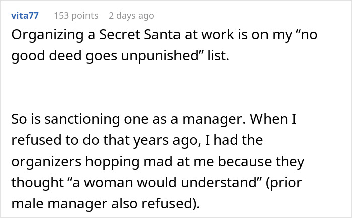 Alt text: Online comment discussing challenges of organizing Secret Santa at work and manager&rsquo;s role in gift participation rules.