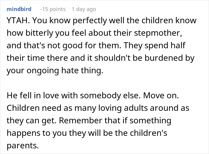 Comment discussing cheating husband furious at ex-wife and the impact of hate on children in blended families. Comment discussing cheating husband furious at ex-wife and the impact of hate on children in blended families.