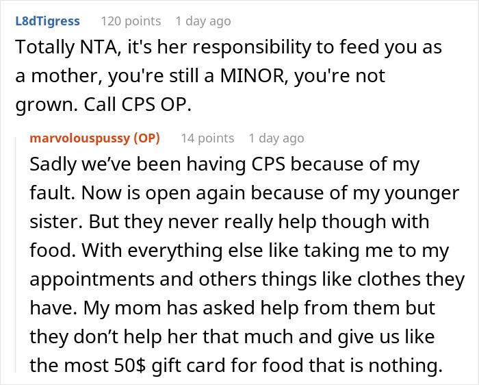 Reddit conversation about a 17-year-old calling out mom for retiring from parenting and making kids buy their own food.