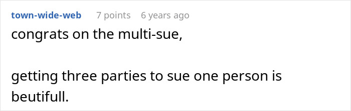 Screenshot of a user comment discussing a multi-party lawsuit involving a woman dealing with a toxic ex and threats.